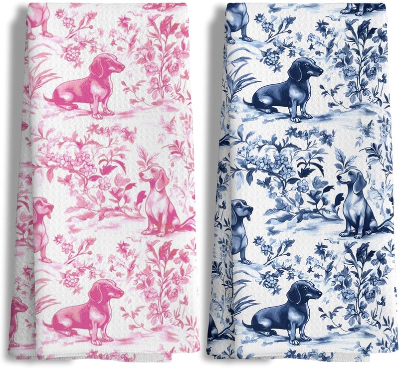 Nipil Pink Chinoiserie Dachshund Kitchen Towels Set of 2,Pink Floral Botanical Dachshund Decorative Dish Tea Towels,Grandmillennial Weiner Dog Hand Towels for Kitchen Bathroom, 16x24 Inch - Image 1